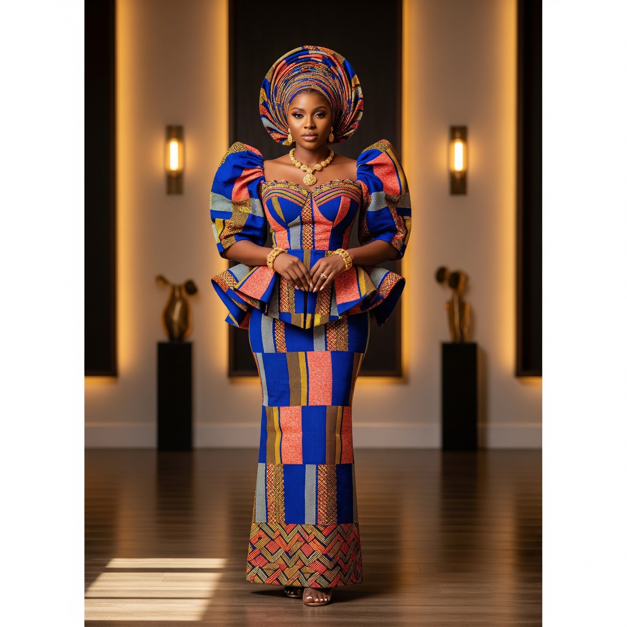 Model in geometric patchwork AfroFusion gown with traditional gele headwrap